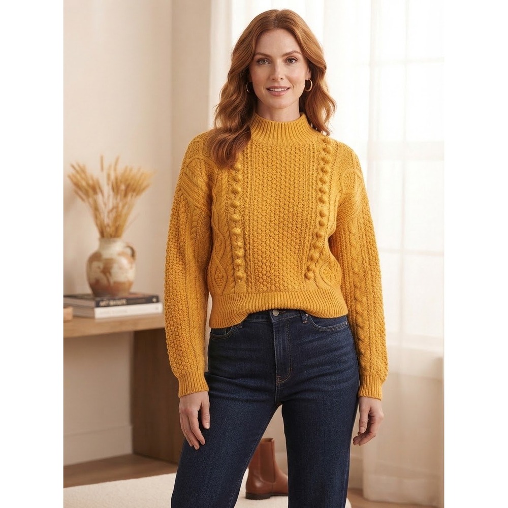 La Maille Sezane Mustard Yellow Pom Pom Cable Knit Mock Neck Sweater XS